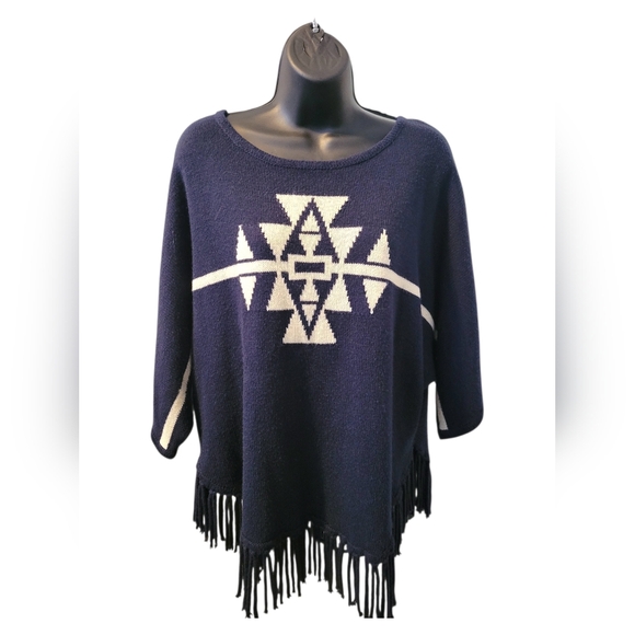 NY Collection Sweaters - NY Collection Navy Blue and Cream Aztec Fringe Poncho Sweater